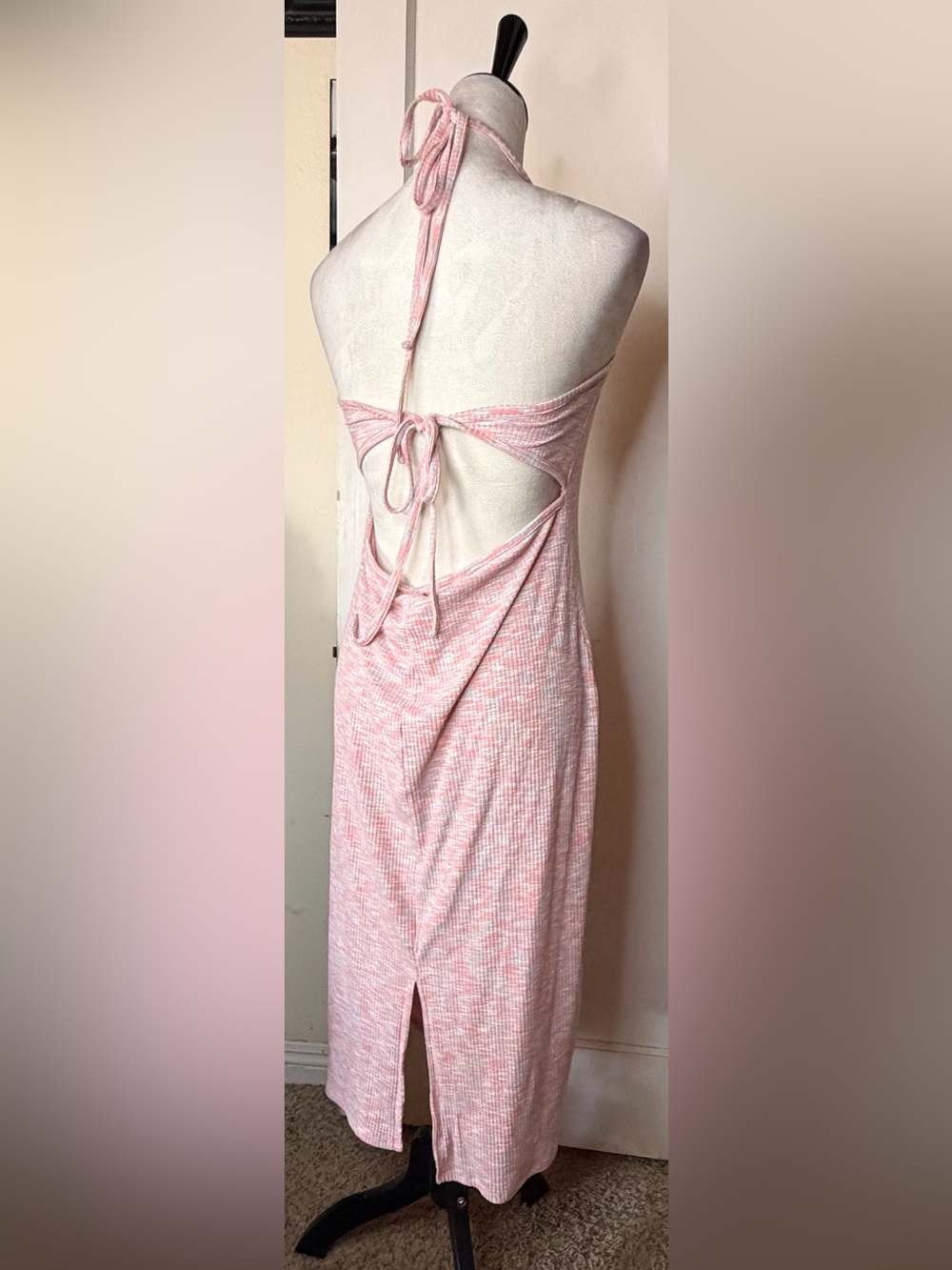 Volcom Pink Marled Ribbed Midi Dress halter top open back california girl beach